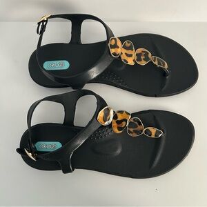 OKA b. Black Sandals with Leopard Print Stones